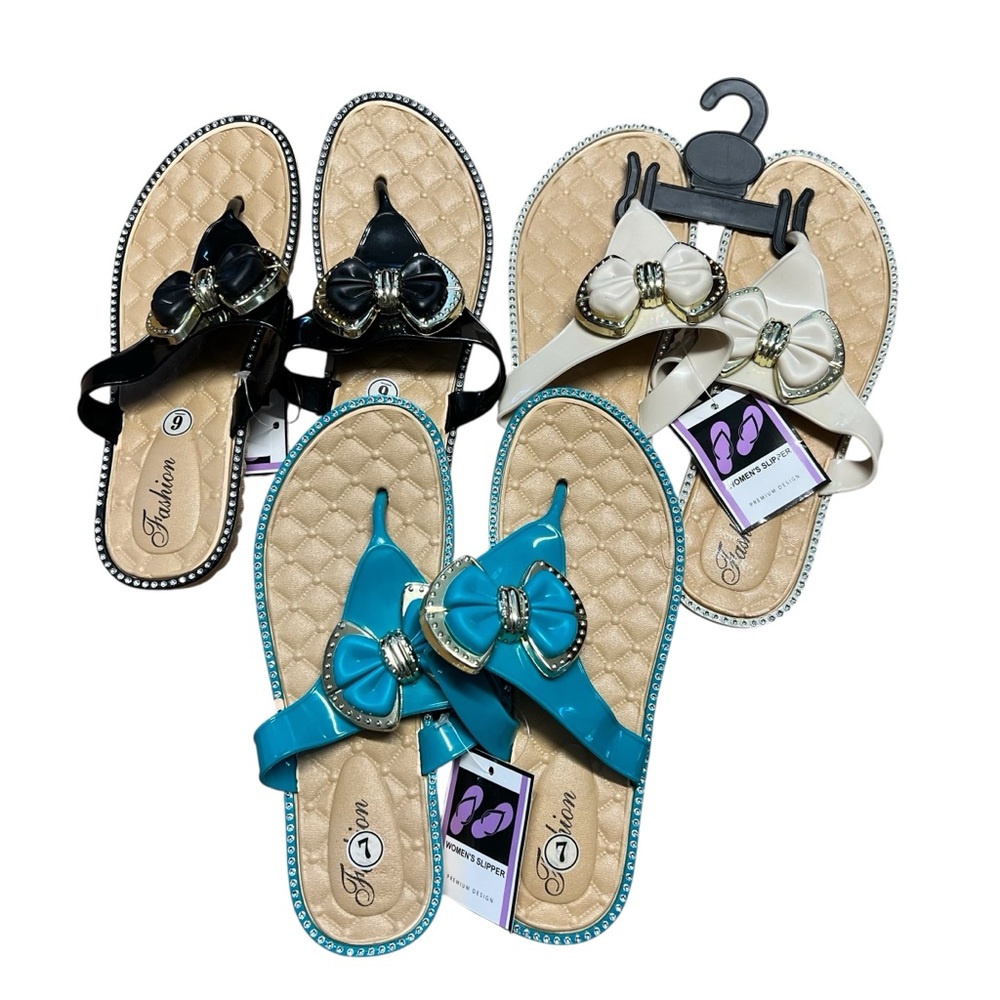 Fashion Women’s Chic Rhinestone Bow Sandals in Black, Beige, and Teal